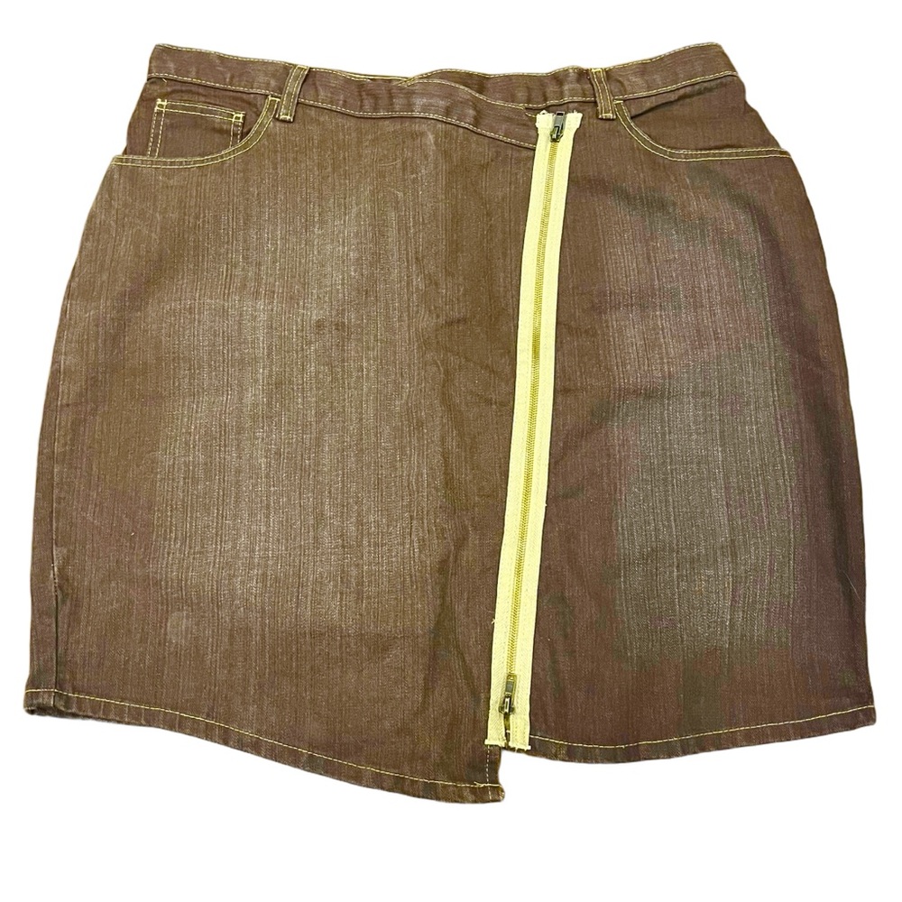 Brown asymmetric Jean skirt exposed tan zip front and back pocket detail sz 18.
